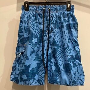 Tropical blue men’s swim trunks small drawstring waist